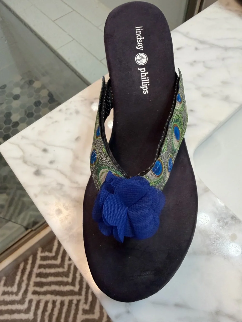 Women’s Floral Teal Flip-Flop Sandals with Navy Flower Accent - Picture 4 of 6
